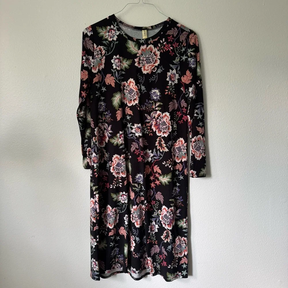 LARA Black Floral Midi Dress - Size Large $15 - Picture 1 of 6